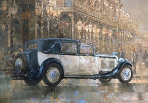 Vánoční osvětlení a 8litrové Bentley (olej na plátně) od Peter Miller