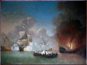 Námořní bitva mezi portugalskou válečnou lodí a pichlavými pirátskými galérami - Malba Petera Monamyho (aktivní v letech 1681 až 1749), olej na plátně, kolem roku 1685 (námořní akce mezi válečným Portugalcem a řadou barbarských pirátských galér, Peter Mona