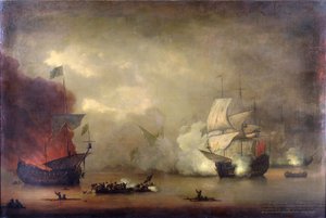 Námořní bitva mezi lodí HMS "Mary Rose" Královského námořnictva a sedmi pirátskými alžírskými loděmi u pobřeží Tangeru (Maroko) 8. prosince. od Peter Monamy