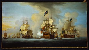 Anglická flotila u Anchor s admirálskou lodí signalizující viceadmirálům a kontraadmirálům Bílé a Modré eskadry od Peter Monamy