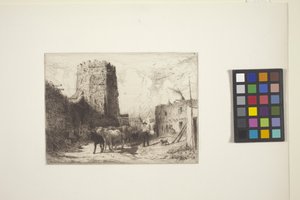 Kostel San Miguel a dům Pueblo v Santa Fe (lept)