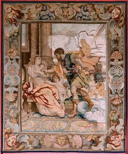 Vlámský gobelín. Cyklus Historie konzula Decia Mus. Mars se zjevuje Rhee Silvii (Aparición de Marte a Rea Silvia). Osmý gobelín v sérii. Model PP Rubens. Výroba Jan Raes II, Brusel. Ca1620-1629. Tkanina Zlato, stříbro, hedvábí a vlna.