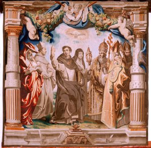 Vlámský gobelín. Seriál Triumf eucharistie. Obránci eucharistie (os defensores de la Eucaristia). Desátá tapisérie v sérii. Model Peter Paul Rubens. 1626-1628. Výroba Jan II Raes, Hans Vervoert, Jacques Fobert, Brusel od Peter Paul (after) Rubens