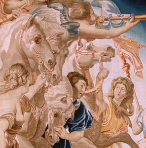 Vlámský gobelín. Seriál Triumf eucharistie. Triumf církve (El Triunfo de la Iglesia). Osmý gobelín v sérii. Model Peter Paul Rubens. 1626-1628. Výroba Jan II Raes, Brusel od Peter Paul (after) Rubens