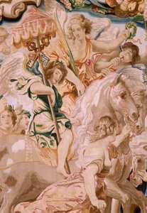 Vlámský gobelín. Seriál Triumf eucharistie. Triumf církve (El Triunfo de la Iglesia). Osmý gobelín v sérii. Model Peter Paul Rubens. 1626-1628. Výroba Jan II Raes, Brusel od Peter Paul (after) Rubens