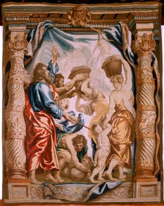 Vlámský gobelín. Pád manny v poušti (La caída del maná en el desierto). Seriál Triumf eucharistie. Třetí tapisérie v sérii. Model Peter Paul Rubens. 1626-1628. Výroba Jan II Raes, Jacob II Geubels, Hans Vervoert, Ja od Peter Paul (after) Rubens