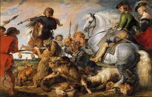 Lov na vlka a lišku, kolem 1616 (olej na plátně) od Peter Paul (and studio) Rubens