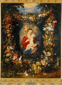 Panna Maria s dítětem s věncem z květin a ovoce... od Peter Paul & Brueghel Jan (1601 78) Rubens