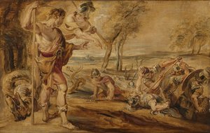 Cadmus, vedený Minervou, pozoruje boj Spartoi od Peter Paul Rubens (after)