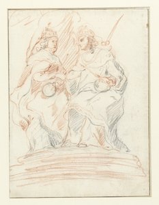 Král a královna na trůnu, za nimi stojí Fama Kristus a Marie od Peter Paul Rubens (possibly)
