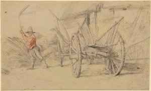 Muž mlátící vedle vozu, za ním hospodářská stavení od Peter Paul Rubens