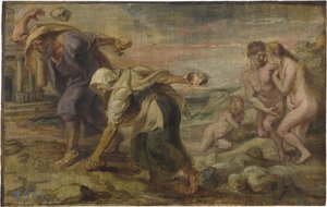""Deucalion and Pyrrha"" Obraz Pietera Paula Rubense (1577-1640) vers. 1636 - Olej na dřevě Rozměr 26,4x41,7 cm Museo del Prado, Madrid od Peter Paul Rubens