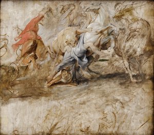Lov lvů (olejová skica); zadní strana: Svatba in procuratione (skica k cyklu o rodu Medici) od Peter Paul Rubens