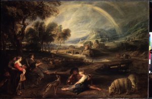 Krajina s duhou. Obraz Peter Paul (Pierre-Paul) Rubens (nebo Peter Paul nebo Petrus Paulus) (1577-1640). Olej na plátně, 86 x 130 cm, počátek 1630. Vlámské umění, barokní umění. Muzeum Ermitáž, Petrohrad. od Peter Paul Rubens