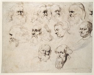 Sedm studií hlavy postaršího vousatého muže, se dvěma dalšími s různými mužskými hlavami a dvěma ženami, jedna s čepicí, cca 1616 (pero a inkoust s křídou na papíře) od Peter Paul Rubens