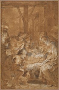 The Adoration of the Shepherds, c.1613-4 (pero a hnědý inkoust s hnědým praním a bílým kvašem) od Peter Paul Rubens