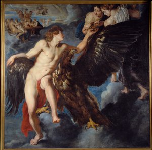 Únos Ganymeda Zatímco pásl své stádo na hoře Ida de Troade, Zeus se proměnil v orla, odnesl si ho, aby se stal jeho milencem, a esong bohů. Obraz z dílny Pierre Paul (Pierre-Paul) Rubens (nebo Peter Paul nebo Petrus Paul od Peter Paul Rubens