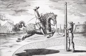 A Horse en Capriole z New Treatise for Breeding Horses napsaný Wintersem, Stutereyem a Reit-Schulem, vyryto umělcem, hospoda. 1672 rytina od Peter Paul Troschel