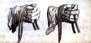 Studie dvou rukou v rukavicích držících otěže dvojité uzdy z „Nového pojednání o chovu koní“, které napsali Winters, Stuterey a Reit-Schul, pub. 1672 (rytina) od Peter Paul Troschel