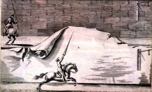 Trénink dvou jezdců s kopími z „Nového pojednání pro chovné koně“ od Winters, Stuterey a Reit-Schul, hospoda. 1672 (rytina) od Peter Paul Troschel