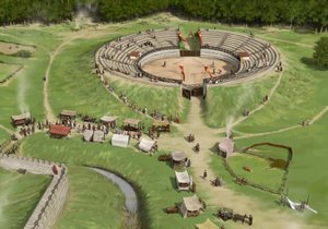 Diváci dorazí do Silchester Roman City Amphitheater c250 AD, c1990-2010