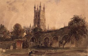 Katedrála v Gloucesteru s ruinami kostela sv. Kateřiny, kolem roku 1840 (akvarel s vyškrábanými světly na papíře) od Peter de Wint