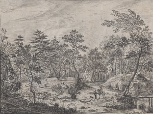 Lesní krajina s jezdcem konverzujícím s mužem uprostřed, lávka vpravo, 1716. od Peter von Bemmel