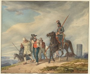 Tři ozbrojení jezdci doprovázející vězně poblíž Remeše od Peter von Hess