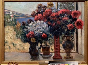 Květiny proti moři. Malba Petra Ivanoviče Petrovičeva (Pyotr Petrovičev) (1874-1947), olej na plátně