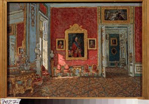 Karmínový salon v paláci Kuskovo (Moskva, Rusko) - Fialový salon v paláci Kuskovo - Malba Petra Ivanoviče Petrovičeva (Piotr Petrovičev) (1874-1947), olej na plátně