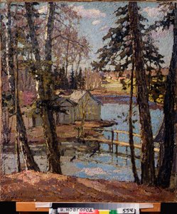 Jaro. U rybníka. Obraz Pyotr Ivanovič Petrovičev (Pyotr Petrovičev) (1874-1947), olej na plátně