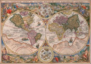 Mapa světa s dvojitou polokoulí od Petra Plancia z roku 1594 od Petrus Plancius