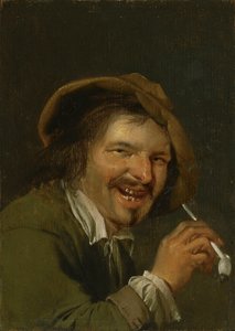 Vůně: Smějící se muž kouřící dýmku. Ze série Personifications of the Five Senses, c.1635-66 (olej na dřevě) od Petrus Staverenus