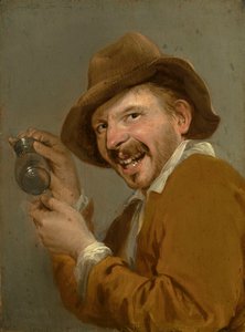 Chuť: Smějící se muž s obrácenou sklenicí. Ze série Personifications of the Five Senses, c.1635-66 (olej na dřevě) od Petrus Staverenus