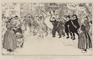 Přistoupení královny Wilhelminy, historické procesí na počest Jejího Veličenstva od Phil May