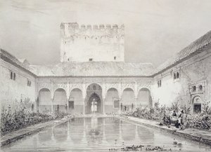 Bazén a fontána na nádvoří Alberca, Alhambra, deska 21 ze „Souvenirs de Grenade et de l