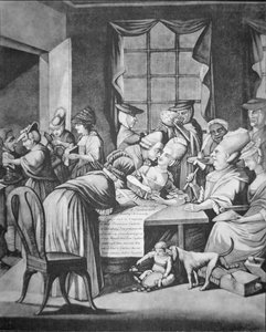 Vlastenecké dámy z Edentonu v Jižní Karolíně podepisují závazek „Už nebudou pít žádný čaj, ani nosit žádné britské oblečení“ (litho)