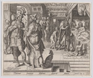 Jonadab Counselling Amnon, z Příběhu Tamar a Amnona, deska 1, 1559., od Philip Galle
