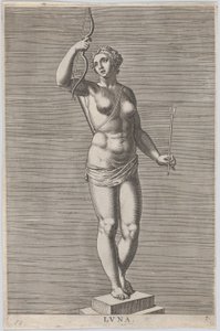Deska 7: Diana, socha nahé bohyně stojící na soklu s půlměsícem v..., 1586.