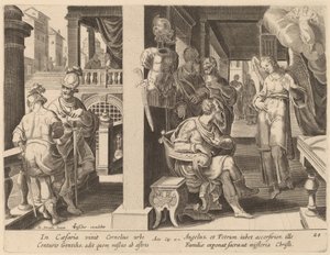 Anděl přikazuje Kornéliovi, aby přivedl svatého Petra od Philip Galle after Jan van der Straet