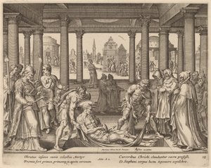 Zbožní muži nesoucí svatého Štěpána k jeho pohřbu od Philip Galle after Maerten van Heemskerck