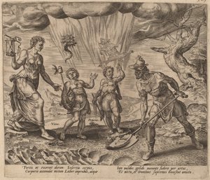 Pán obdarovává pilného dělníka jídlem a oblečením od Philip Galle after Maerten van Heemskerck