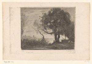 Krajina s hráčem na flétnu pod stromem a silueta města Soir (původní název) od Philip Zilcken (signed by artist)