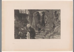 Rodiny jdou po dřevěném schodišti Jít do kostela ve Freiburgu (název na předmětu)