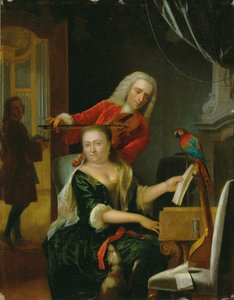 Portrét gentlemana a jeho ženy tvořící hudbu v interiéru (olej na panelu)