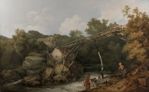 Pohled poblíž Matlock, Derbyshire s postavami pracujícími pod dřevěným dopravníkem