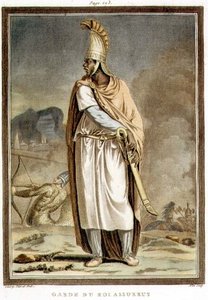 Stráž krále Ahasvera, kostým pro „Ester“ od Jeana Racina, z I. dílu „Výzkum kostýmů a divadla všech národů“, vyryl Pierre Michel Alix (1762-1817) 1802 (barevná rytina)