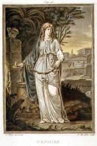Cephise, kostým pro „Andromache“ od Jeana Racina, ze svazku I „Výzkum kostýmů a divadla všech národů“, vyryl Pierre Michel Alix (1762-1817) 1802 (barevná rytina)