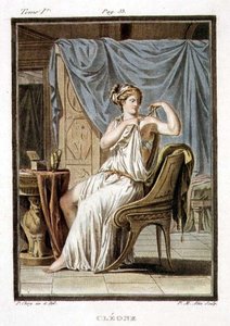 Cleone, kostým pro „Andromache“ od Jeana Racina, ze svazku I „Výzkum kostýmů a divadla všech národů“, vyryl Pierre Michel Alix (1762-1817) 1802 (barevná rytina)