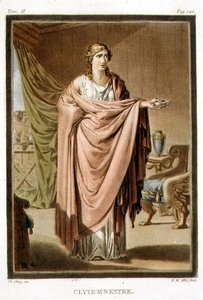 Klytemnestra, kostým pro "Ifigenii v Aulidě" od Jeana Racina, z II. dílu "Výzkumu kostýmů a divadla všech národů", vyryl Pierre Michel Alix (1762-1817) 1802 (kolorovaná rytina)